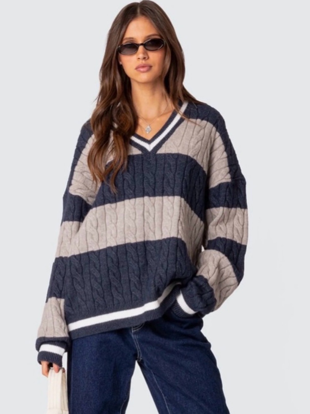 Edikted Romie Size M/L Cable Knit Sweater Navy Gray Stripe V Neck Oversized